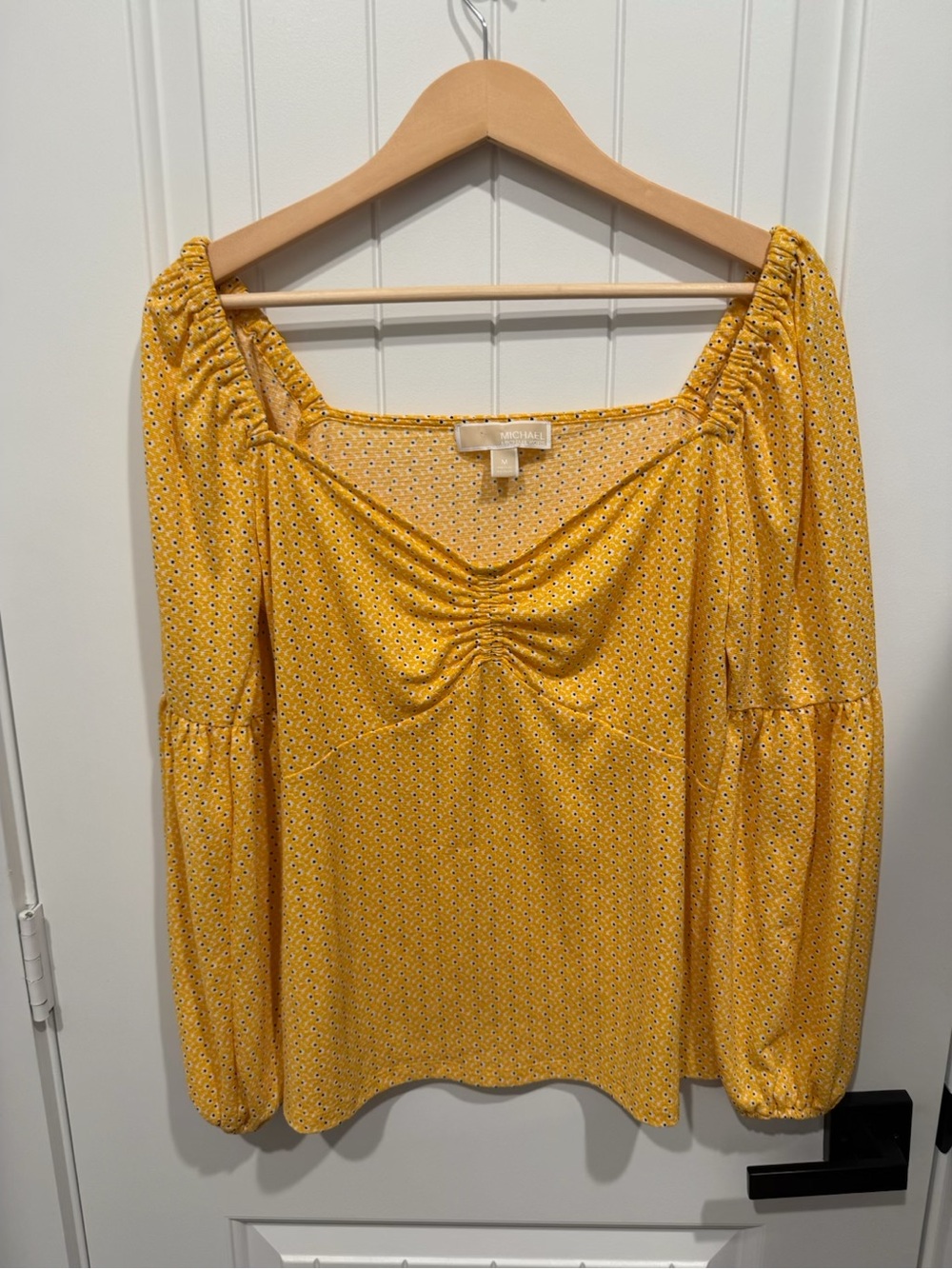 Michael Kors Mustard Yellow Ruched Square-Neck Long Sleeve Blouse